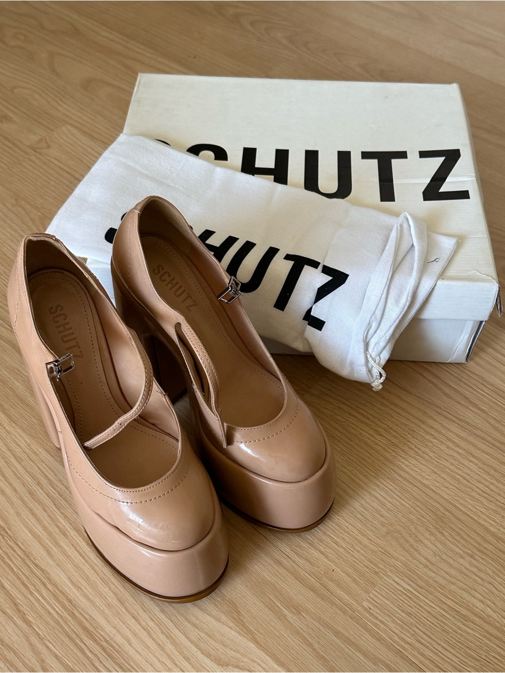 SCHUTZ Zayne Nude Patent Leather Platform Block Heel Pumps – Women’s Size 7